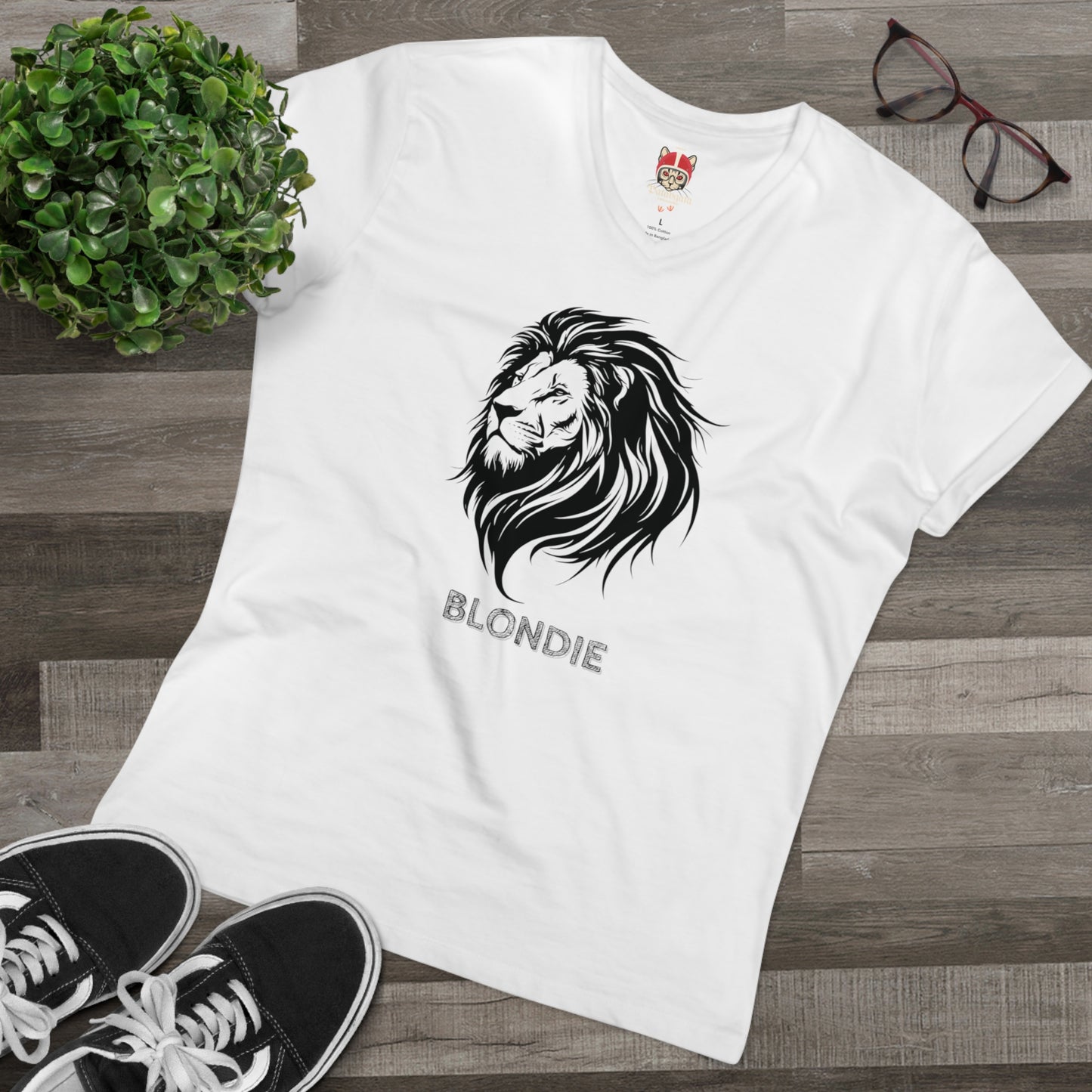 Men's V-Neck T-Shirt - Bold Lion Design "BLONDIE" - Perfect for Casual Wear and Gifts