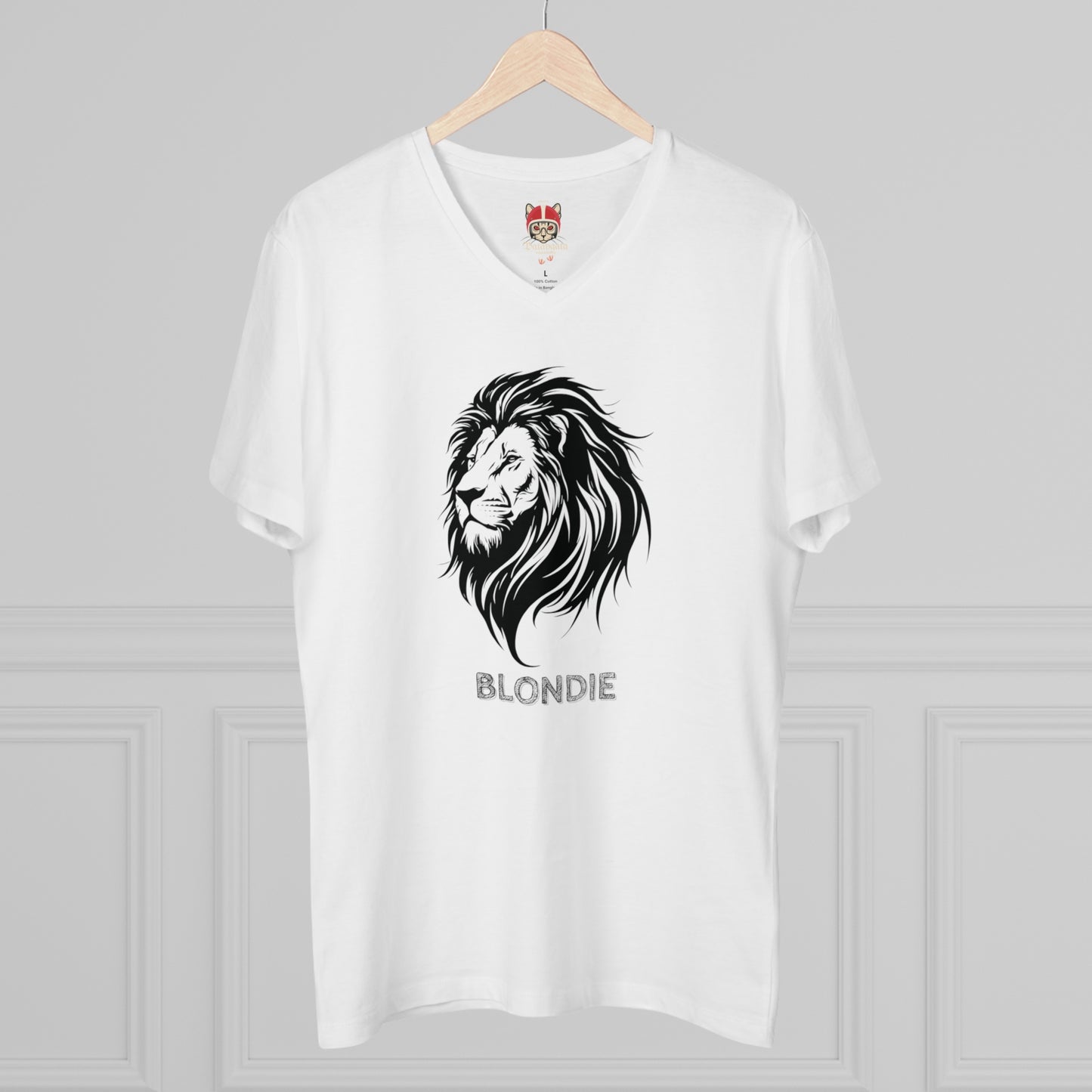 Men's V-Neck T-Shirt - Bold Lion Design "BLONDIE" - Perfect for Casual Wear and Gifts